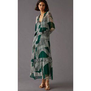 Anthropologie Marais Green Printed Chiffon Maxi Dress Size XXS
